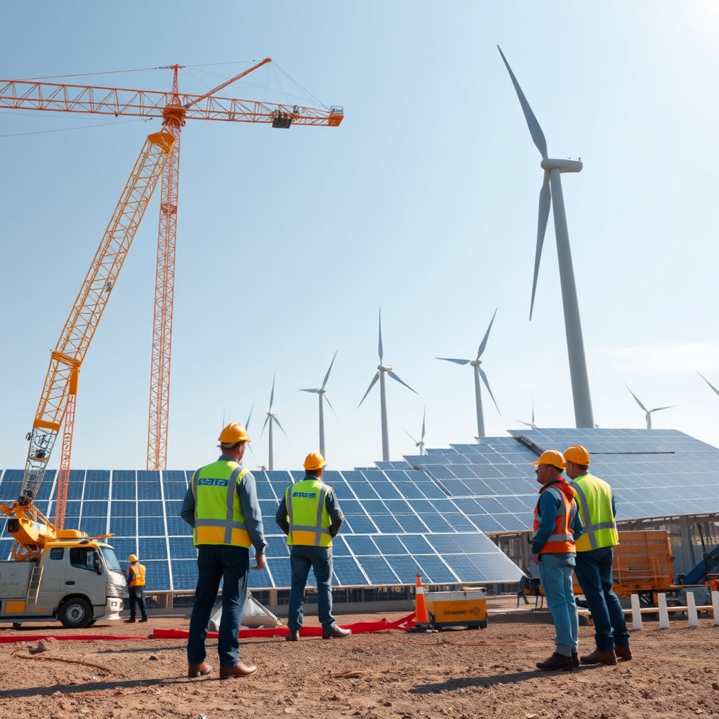 Workers on a renewable energy construction site